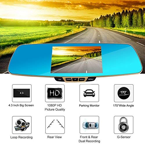 Imagen principal de Cámara de espejo de doble lente, LESHP 1080P 140 grados Full HD DVR v